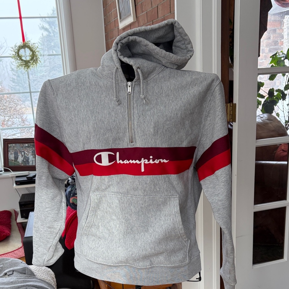 Champion Men's Zip-Up Gray and Red Sweater
